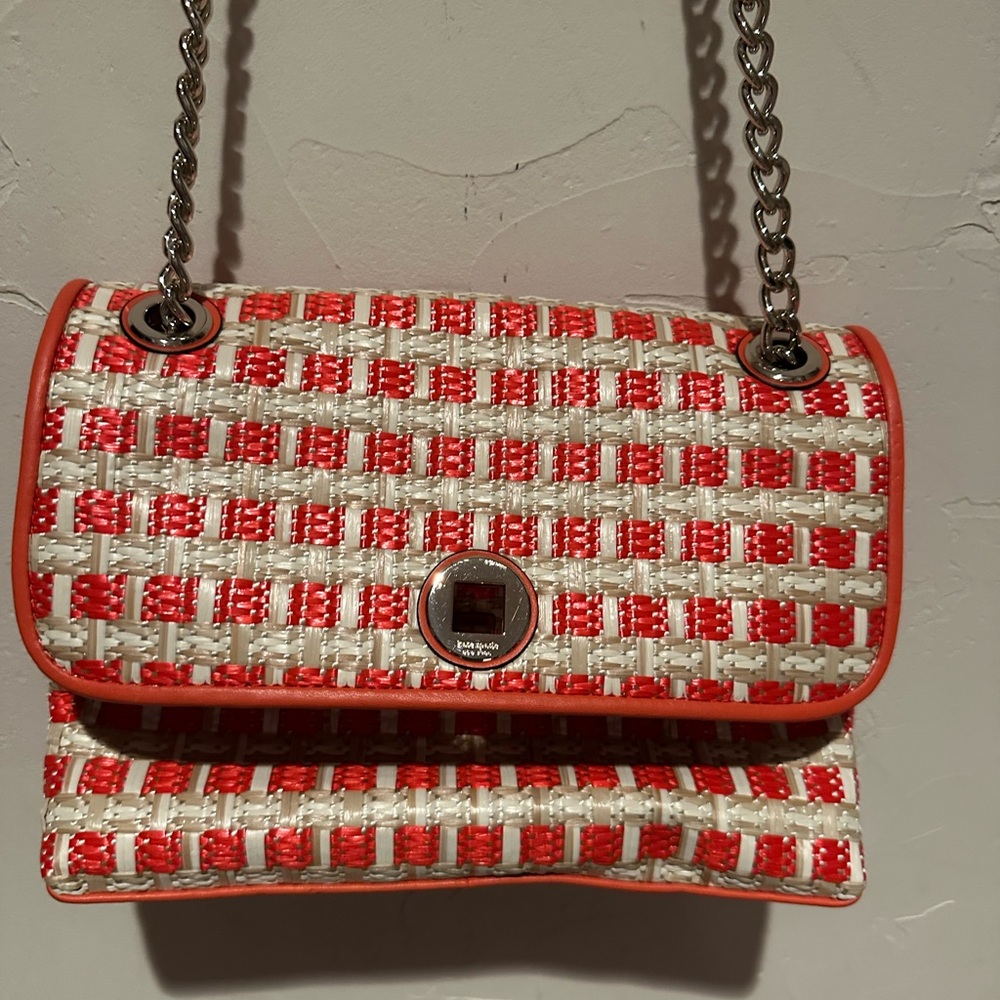Red and White Woven Shoulder Bag